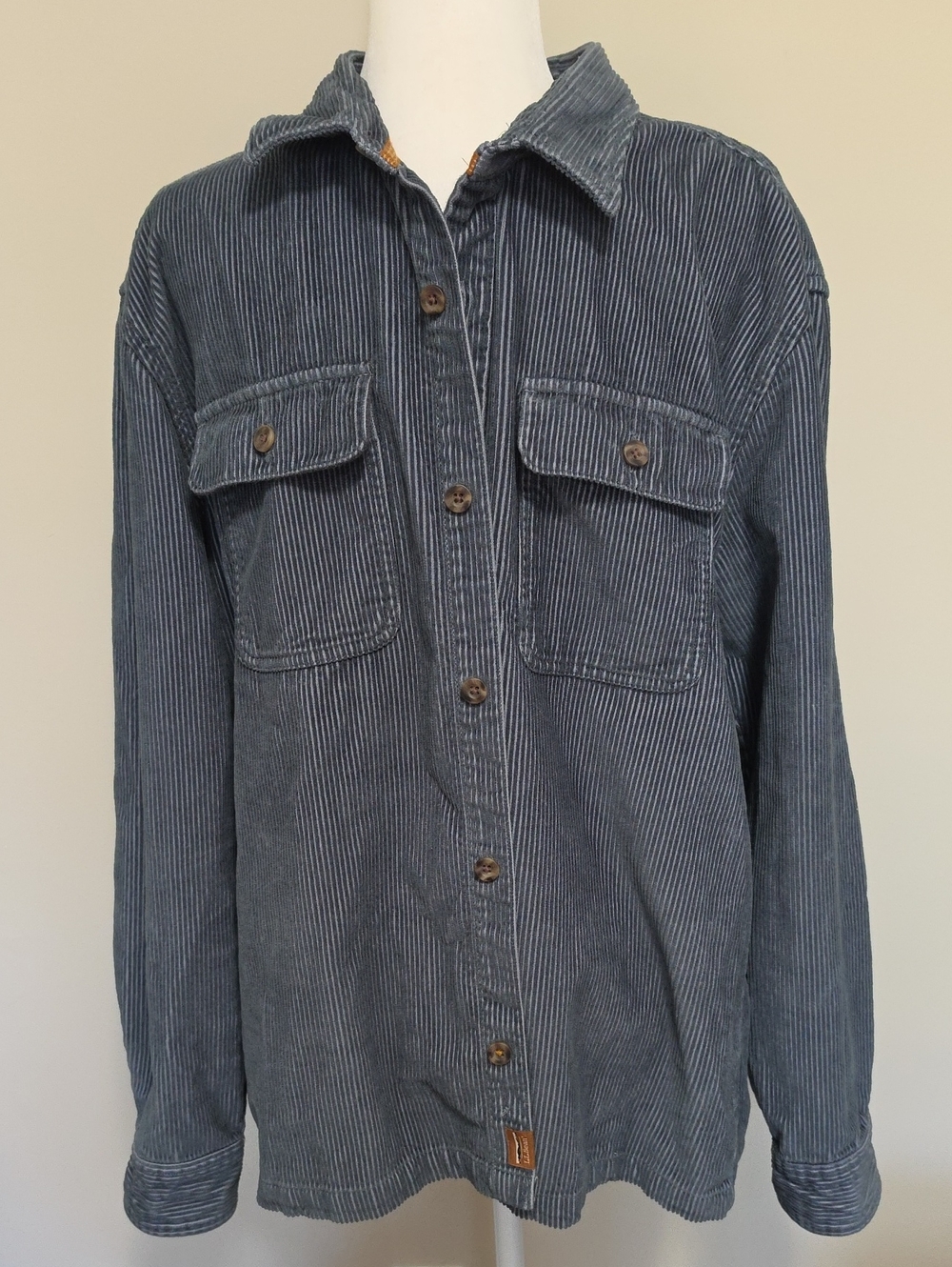 L.L. Bean Men's Wide Wale Corduroy Button Down Shirt Blue Gray Size L Heavyweigh